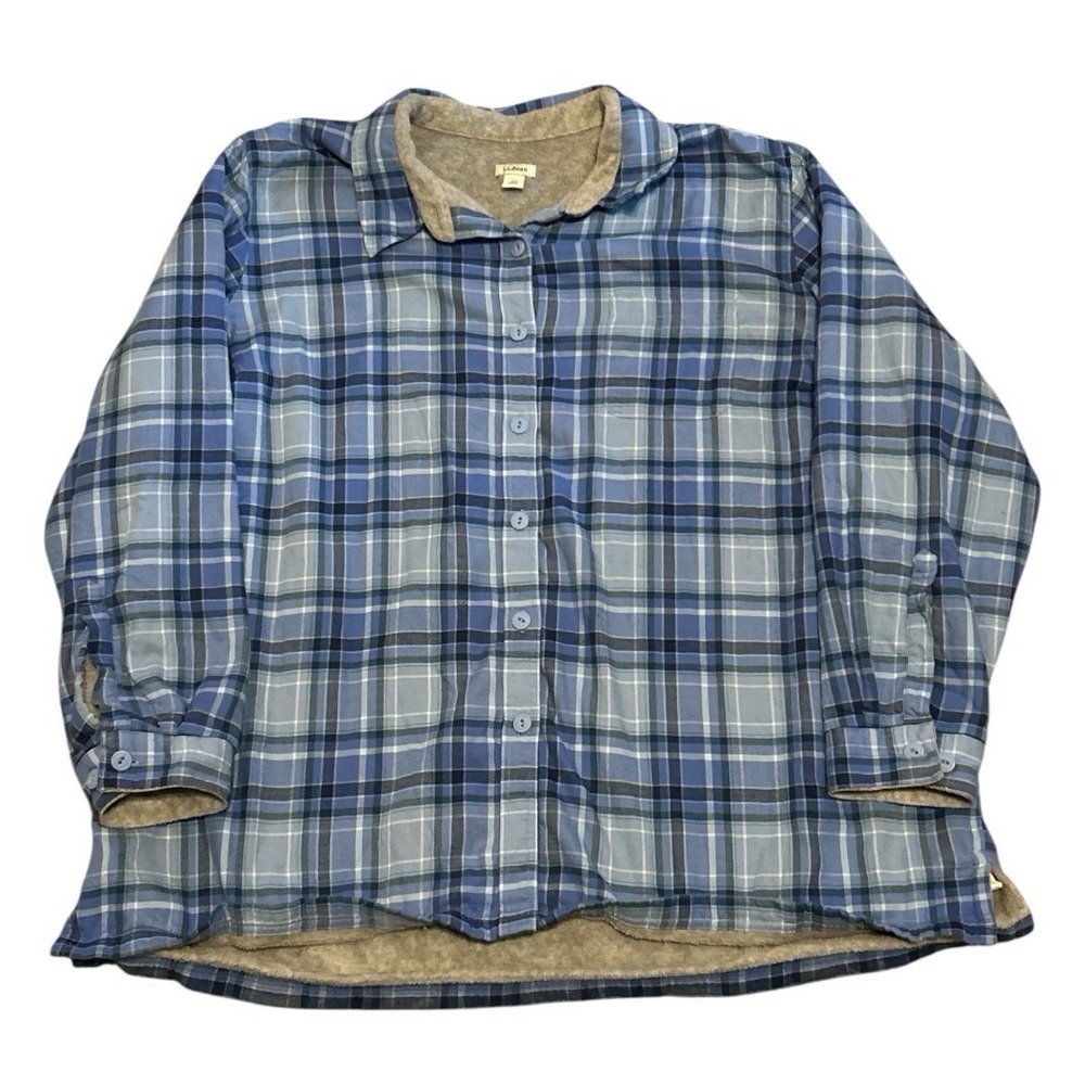 LL Bean Womens Fleece Lined Flannel Shirt Size 2XL Blue Plaid Button Up